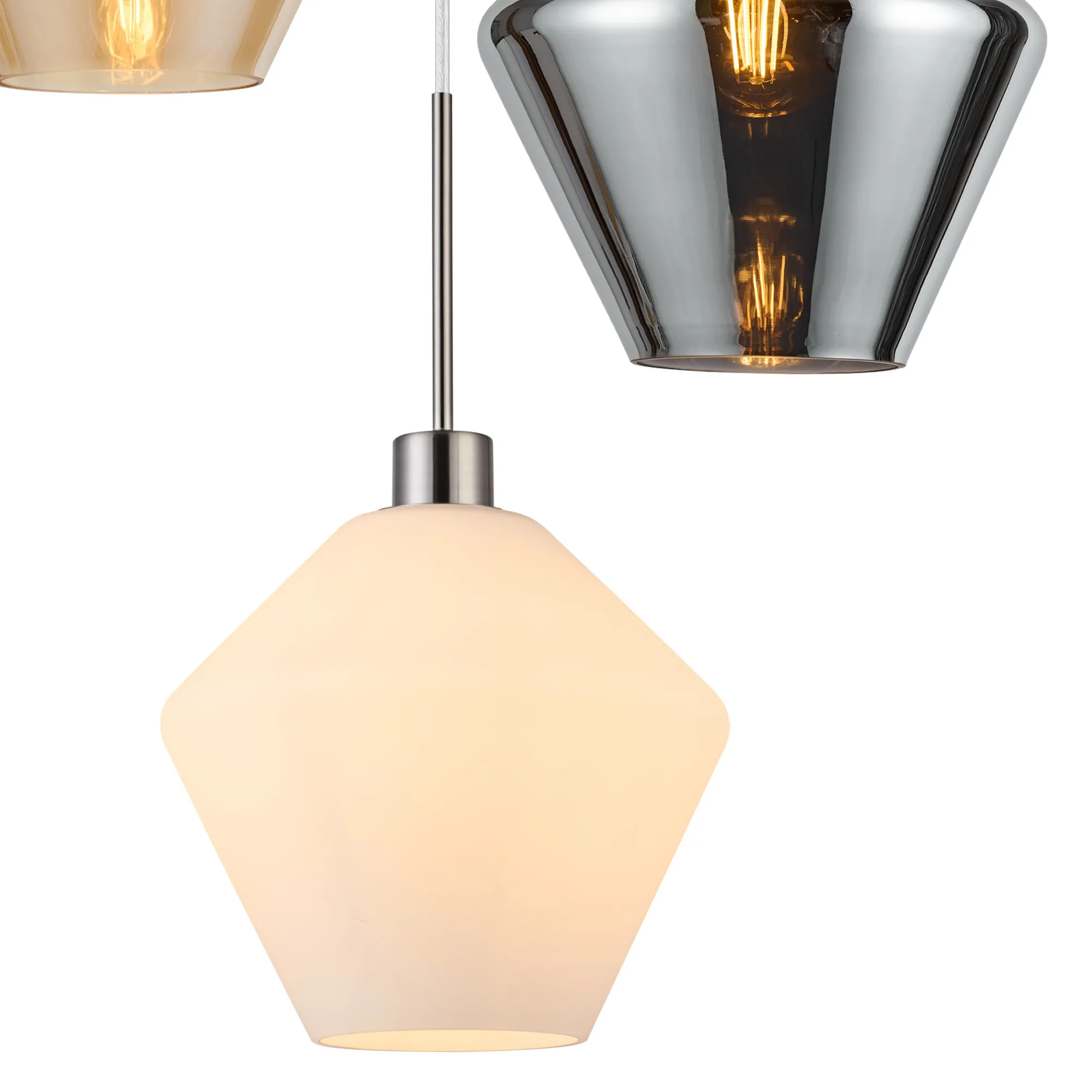 Lori 40cm Round Pendant, 3 Light Adjustable E27, Satin Nickel/Amber/Chrome/Opal Diamond Shades DK1374  Deco Lori Satin Nickel